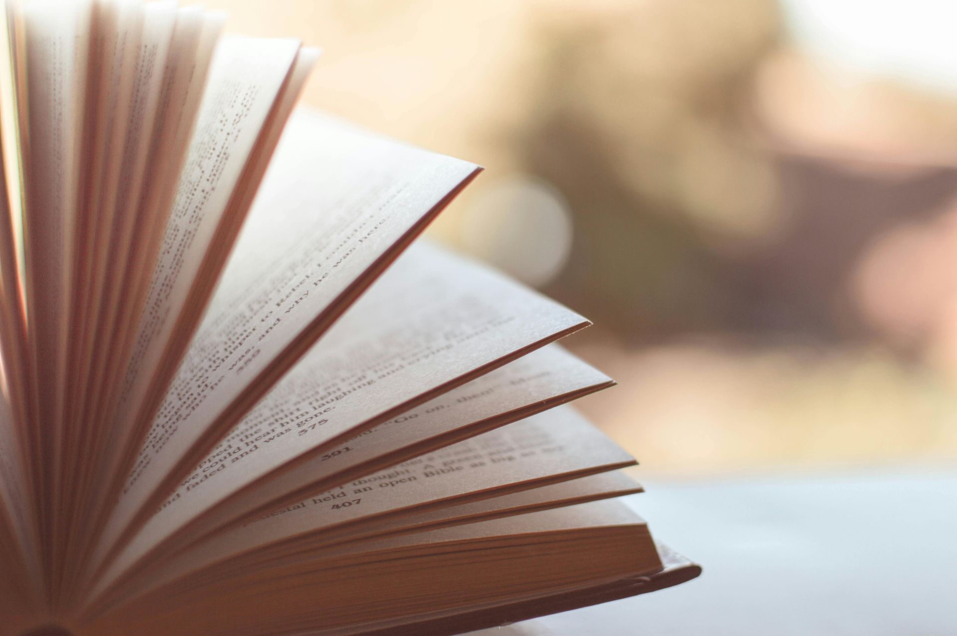 Open book with fanned pages; blurred outdoor background.